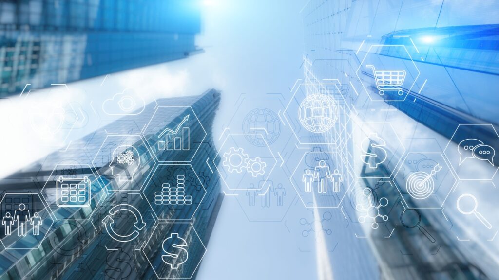  エンタープライズ・リソース・プランニング 未来都市を背景にしたビジネス・インテリジェンス・コントロール・パネル・マーケティング。ERP。