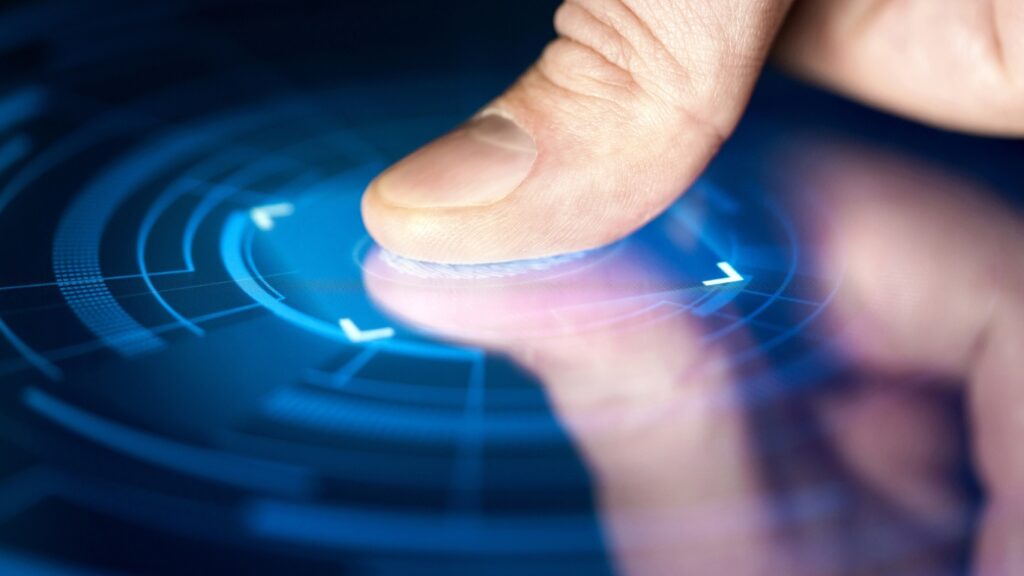 デジタル・バイオメトリック・サイバーセキュリティと識別のための指紋認証技術。認証、安全性、プライバシーのための指紋スキャン。