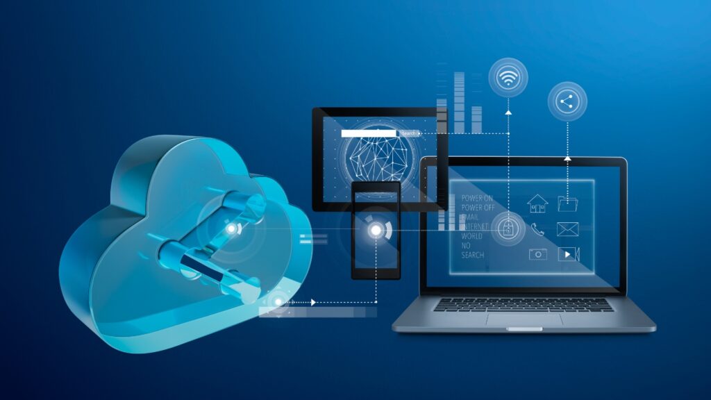 パソコンやタブレット、スマホとクラウドの図　クラウドストレージのイメージ