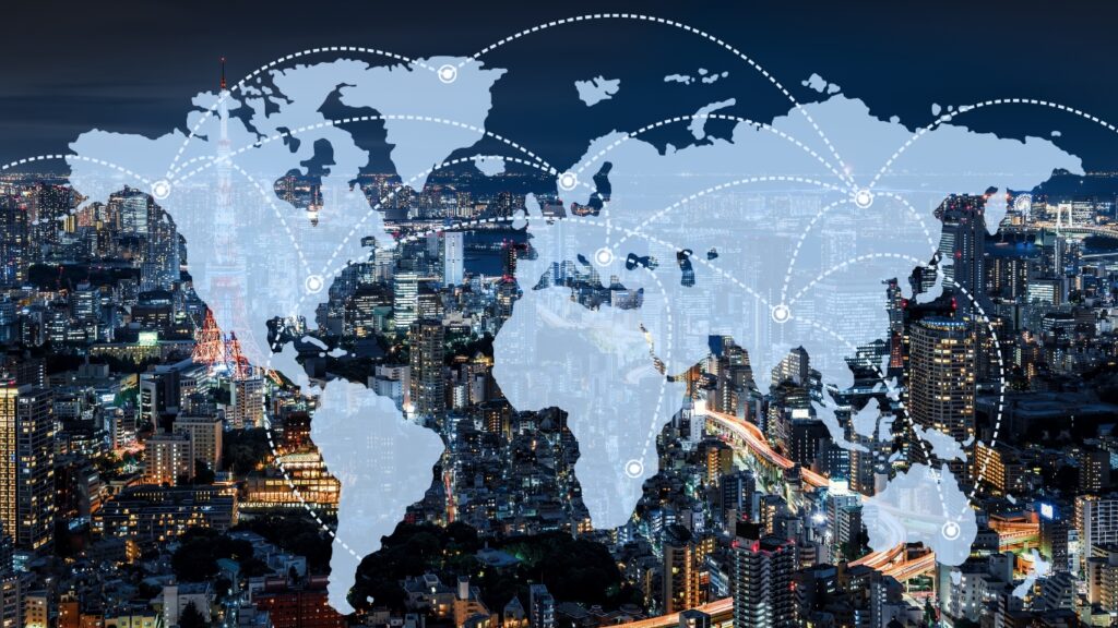 日本の夜景と世界地図