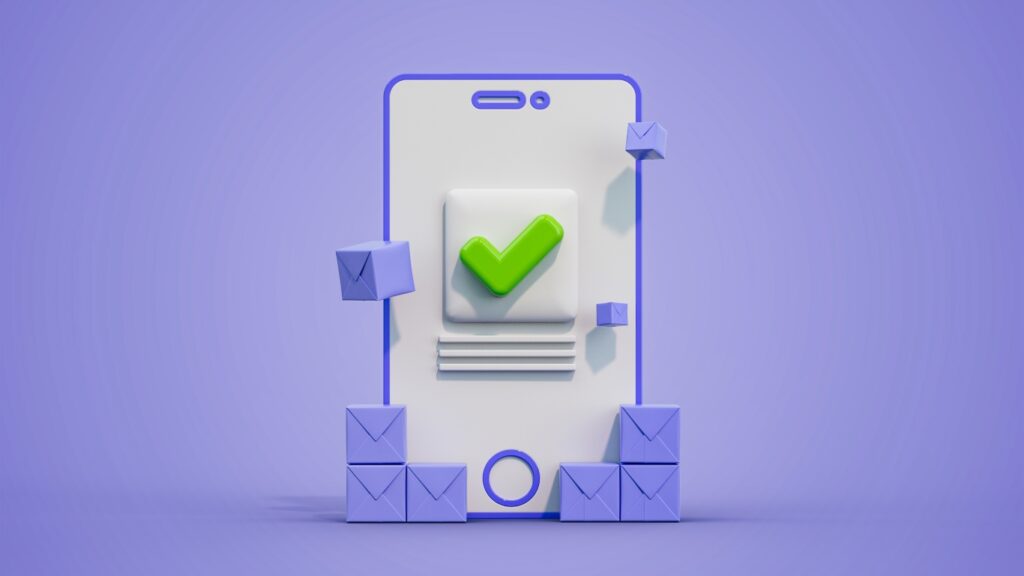 商品と在庫管理 モバイルチェックマーク 流通と出荷 生産 3Dレンダリング