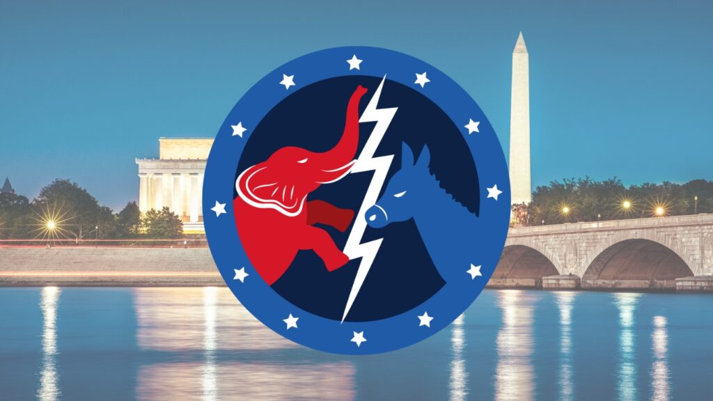 ワシントンDCの背景と像とロバがケンカするイラスト