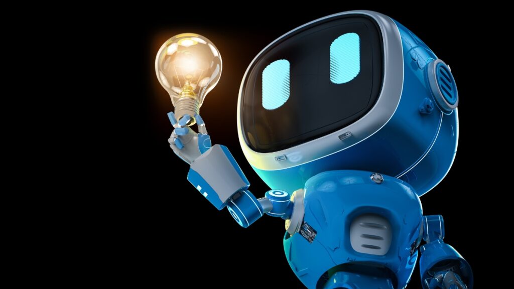 青いロボットアシスタントまたは人工知能ロボットがリグを握る