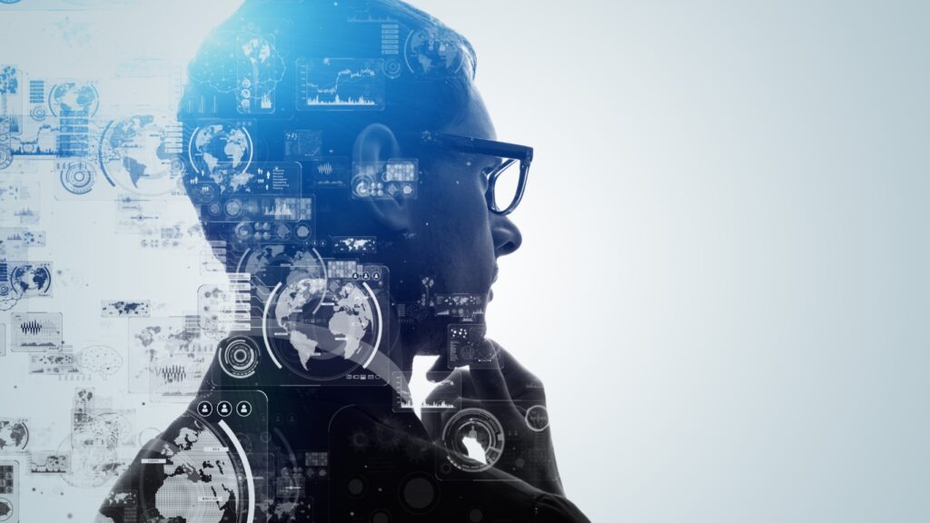 AI（人工知能）のコンセプト。通信ネットワーク。GUI（グラフィカル・ユーザー・インターフェイス）。