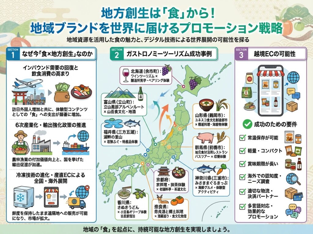 地方創生と食のプロモーション戦略についてのインフォグラフィック