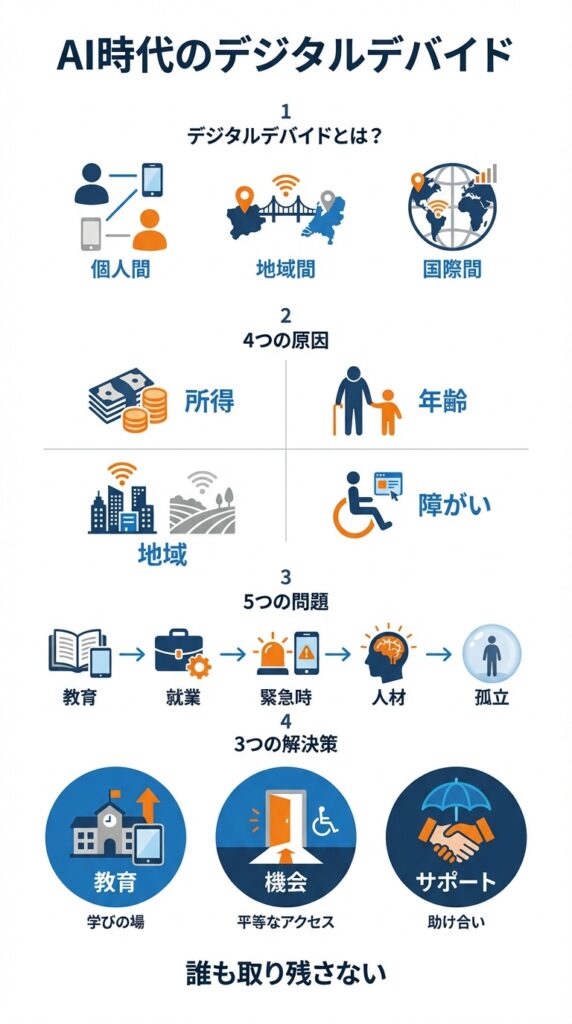 AI時代に避けて通れないデジタルデバイド ― 原因・課題・解決策を徹底整理 生成AIの急速な普及により、私たちの仕事や生活は大きく変わりつつあります。その一方で、デジタル技術を「使いこなせる人」と「そうでない人」の間に、新たな格差が静かに広がっています。本記事では、AI時代におけるデジタルデバイドの実態を整理し、その背景と解消に向けた現実的な視点を考えていきます。 1. AIの進化が加速する今こそ、デジタルデバイドを学ぶべき理由 生成AIをはじめとするテクノロジーの進化は、ここ数年で一気に加速しています。文章作成、画像生成、データ分析、業務自動化など、AIはすでに私たちの仕事や生活のあらゆる場面に入り込みつつあります。一方で、その恩恵を十分に活用できる人と、そうでない人との間に、見えにくい格差が広がっていることも事実です。 この「AI活用の格差」は、単なるスキルの差にとどまりません。情報へのアクセス、学習機会、仕事の選択肢、さらには安全にデジタル社会を生きる力そのものの差へとつながり、結果として「機会の格差」を生み出す構造になりつつあります。これが、現代におけるデジタルデバイドの新たな側面です。 また、ディープフェイクやフィッシング詐欺など、AI技術を悪用したリスクも急速に高度化しています。真偽を見極める力や、基本的なITリテラシーを持たない場合、誰もが被害者になり得る時代です。デジタル技術は便利さと同時に、使いこなす前提となる知識や判断力を強く求めるようになっています。 こうした状況下でDX（デジタルトランスフォーメーション）を推進する際、「使える人だけが得をする」構図を放置することは、組織や地域に新たな分断を生みかねません。企業や自治体においては、デジタルに不慣れな人や、環境的に不利な立場にある人を置き去りにしない視点が、これまで以上に重要になっています。 本記事では、AI時代におけるデジタルデバイドの実態と背景を整理したうえで、その解消に向けてどのようなアクションが考えられるのかを段階的に示していきます。問題を正しく理解し、現実的な対策を検討するための基礎として、まずはデジタルデバイドそのものを捉えることから始めたいと考えます。 2. デジタルデバイドとは？ デジタルデバイドとは、情報通信技術（ICT）を利用できる人・地域・国と、そうでない人・地域・国との間に生じる格差を指します。これは単に「インターネットが使えるかどうか」という問題にとどまるものではありません。利用の頻度や深さ、利用目的、さらには活用によって得られる成果の差までを含んだ概念です。 AI時代においては、このデジタルデバイドが、より多層的かつ複雑な形で表面化しています。 2-1. 個人間・集団間におけるデジタルデバイド 個人や集団の間に生じるデジタルデバイドは、年齢、所得、教育レベル、職業など、さまざまな社会的要因と密接に関係しています。若年層やホワイトカラー職に就く人は、日常的にデジタルツールに触れる機会が多い一方で、高齢者や非正規雇用、デジタル環境が十分に整っていない職種では、利用経験そのものが限られる傾向があります。 近年は、スマートフォンやSNS、オンラインサービスが広く普及したことで、一見するとデジタル格差は縮小したようにも見えます。しかし実際には、「使っているかどうか」ではなく、「どの程度使いこなしているか」という点で差が拡大しています。AIツールの活用やオンライン学習、データに基づく意思決定など、より高度な利用領域においては、スキルや知識の差がそのまま成果の差につながりやすくなっています。 その結果、デジタルを活用できる層は生産性や選択肢を拡大できる一方で、そうでない層はさまざまな機会から排除されやすくなります。このような構造が、個人間・集団間における新たな不均衡を生み出しています。 2-2. 地域間におけるデジタルデバイド デジタルデバイドは、地域間においても顕著に現れます。都市部では高速通信インフラや多様なデジタルサービスが比較的整っている一方で、地方部では通信環境やサービス提供の面で制約が残る地域も少なくありません。特に山間部や離島などでは、安定した通信回線の確保そのものが課題となるケースもあります。 こうしたインフラの差は、行政サービスのデジタル化が進む中で、利用のしやすさに直接的な影響を与えます。オンライン申請や電子手続きが導入されても、通信環境やデジタル端末が十分でない場合や、操作に慣れていない住民にとっては、かえって従来より利用のハードルが高くなることもあります。 地域間のデジタルデバイドは、単なる技術的な問題にとどまりません。行政サービスへのアクセス、地域経済の活性化、教育機会の公平性などにも影響を及ぼす重要な要素です。そのため、地域の実情や特性を踏まえた対応が求められています。 2-3. 国際間におけるデジタルデバイド デジタルデバイドは、国境を越えた問題でもあります。先進国と途上国の間では、通信インフラの整備状況や教育水準、デジタル人材の層の厚さに大きな差が存在しています。インターネット接続や電力供給が安定しない地域では、デジタル技術を活用するための前提条件そのものが整っていません。 AIやクラウド技術は、初期投資を抑えながら高度な機能を利用できる可能性を持つ一方で、それらにアクセスできる国や企業が限られることで、経済格差をさらに拡大させる側面もあります。技術を効果的に活用できる国は、生産性や国際競争力を高めやすい一方で、そうでない国は不利な立場に置かれやすくなります。 国際間のデジタルデバイドは、単なる技術導入の遅れにとどまる問題ではありません。長期的な経済発展や社会の安定にも影響を及ぼす重要な課題です。AI時代においては、このような格差が固定化・拡大しないよう、国際的な視点に立った取り組みがより一層重要になっています。 3. デジタルデバイドの主な要因 デジタルデバイドは、個人の努力不足によって生じるものではありません。社会構造や環境条件の違いが複合的に影響した結果として生じるものです。ここでは、AI時代において特に影響が大きいと考えられる代表的な要因を整理していきます。 3-1. 所得格差 デジタル技術を利用するためには、一定の経済的負担が伴います。PCやスマートフォンといった端末の購入費用に加え、高速通信回線の契約料や維持費が継続的に発生します。これらの負担は、所得水準が低い層にとって決して小さなものではありません。 さらに近年では、生成AIや業務支援ツール、クラウドサービスなど、利便性の高いデジタルサービスが有料で提供されるケースも増えています。無料で利用できる範囲には機能制限が設けられていることが多く、より高度な活用を目指す場合には追加のコストが必要となります。 このように、所得格差は「使えるかどうか」だけでなく、「どこまで使いこなせるか」にも影響を与えます。その結果、経済的余裕の有無がデジタル活用の深さを左右し、機会の差につながりやすい構造が生まれています。 3-2. 年齢格差 年齢によるデジタルデバイドも、依然として大きな要因の一つです。高齢者層の中には、スマートフォンやオンラインサービスの操作に不慣れな人が多く、日常的な利用に対して心理的・実務的なハードルを感じるケースがあります。 若年層は、SNSやアプリを通じて情報を取得・発信することが生活の一部となっている一方で、高齢者層では従来型のメディアや対面による情報取得に依存する傾向が残っています。このような利用習慣の違いが、情報量や情報取得のスピード、内容の多様性に差を生み出しています。 年齢による格差は、時間の経過とともに自然に解消される側面もあります。しかし、行政手続きや医療、金融など、生活に直結する分野が急速にデジタル化する中で、移行期に取り残される層への配慮が、これまで以上に重要となっています。 3-3. 地域格差 地域による通信環境の違いも、デジタルデバイドを生む大きな要因です。都市部では高速インターネットや5Gの整備が進んでいる一方で、地方部では通信速度や回線の安定性に課題を抱える地域が存在します。 通信インフラの差は、動画視聴やオンライン会議、クラウドサービスの利用といった日常的なデジタル体験に直接影響を及ぼします。さらに、IT企業やデジタル関連サービスの拠点が都市部に集中しやすいことから、新しいサービスやサポートが地方に届きにくいという構造もあります。 その結果、地方ではデジタルサービスを前提とした働き方や学習機会、行政サービスの利便性を十分に享受できない場合があり、地域間格差が固定化する懸念も指摘されています。 3-4. 障がい格差 障がいの有無によって生じるデジタルデバイドも、見過ごせない要因です。視覚・聴覚・身体に障がいがある場合、デジタル機器やオンラインサービスへのアクセスそのものが難しくなることがあります。 音声読み上げや字幕、キーボード操作への対応など、アクセシビリティへの配慮が十分でないサイトやアプリは、依然として多く存在しています。設計段階での配慮不足が、結果として特定の人々を排除する形になってしまうケースも少なくありません。 障がいによる格差は、技術的な工夫や設計思想によって大きく改善できる余地がある分野でもあります。誰にとっても使いやすいデジタル環境を整えることは、結果的に多様な利用者全体の利便性向上にもつながります。 4. デジタルデバイドによって生じる問題 デジタルデバイドは、単に「不便さ」を生むだけの問題ではありません。教育、就業、生活の安全、地域の持続性など、社会の基盤となる分野に幅広く影響を及ぼし、既存の格差を拡大・固定化させる要因となります。ここでは、代表的な影響について具体的に見ていきます。 4-1. 教育格差 教育分野では、デジタル環境の差が学習機会の差として表れやすくなります。オンライン授業や動画教材、学習管理システムなどを十分に利用できる環境が整っていれば、時間や場所にとらわれず学習を進めることが可能です。一方で、通信環境や端末が整っていない家庭では、こうした学習機会を十分に活用できません。 近年では、AIを活用した個別最適化教材や学習支援ツールも増えていますが、これらへのアクセスの可否によって、学習効率や理解度に差が生じる可能性があります。その結果、家庭環境や地域による違いが、学力差として顕在化しやすくなっています。 4-2. 就業機会の格差 就業分野においても、デジタルデバイドの影響は大きなものとなっています。リモートワークやIT・データ関連職など、デジタルスキルを前提とした働き方や職種が拡大する中で、必要なスキルや環境を持たない人は、就業の選択肢が限られやすくなります。 また、求人情報の多くがオンラインで提供されるようになったことで、デジタルに不慣れな人ほど、情報にたどり着くまでに時間がかかったり、機会そのものを逃してしまったりするケースもあります。このような状況は、就業機会の格差をさらに広げる要因となっています。 4-3. 災害・犯罪など緊急時の対応格差 災害時や緊急事態においては、正確で迅速な情報へのアクセスが、命や安全に直結します。デジタルデバイドが存在すると、災害情報や避難指示、防災アプリなどの情報を即座に受け取ることができず、対応が遅れるリスクが高まります。 加えて、AI技術の進展により、ディープフェイクや高度化した詐欺が増加しています。ITリテラシーが十分でない場合、虚偽情報を見抜けず、被害に遭う可能性が高まります。このように、デジタルデバイドは、危機への対応能力の差としても表れつつあります。 4-4. IT人材の流出・不足 デジタル人材は、都市部や特定の企業に集中しやすい傾向があります。その結果、地域間でIT人材の偏在が生じ、地方では人材不足が慢性化しやすくなっています。 地方企業や自治体にとって、DXを進めたいと考えても、専門人材を確保できないことは大きな制約となります。外部委託に頼る場合でも、コストや継続性の面で課題が残り、結果としてデジタル化が進まない要因の一つとなっています。 4-5. 高齢者の孤立 高齢者にとって、デジタルデバイドは社会的孤立につながるリスクをはらんでいます。行政手続きや医療予約、金融サービスなどがオンライン化される中で、それらを利用できない場合、日常生活において不便を感じやすくなります。 また、オンラインでのコミュニケーション手段を使いこなせないことにより、家族や地域とのつながりが弱まり、社会参加の機会が減少する可能性もあります。デジタル化が進むほど、利用できないこと自体が新たな障壁となり得る点には、十分な注意が必要です。 5. デジタルデバイドを解消するための方法 デジタルデバイドは、時間の経過とともに自然に解消されるものではありません。意図的な取り組みを積み重ねることで、初めて縮小していく課題です。個人の努力に委ねるのではなく、教育、制度設計、支援体制といった観点から、社会全体で対応していく必要があります。 5-1. 教育（デジタルリテラシーの底上げ） デジタルデバイド対策の基盤となるのが、デジタルリテラシー教育です。小中高等学校におけるICT教育の義務化や内容の充実は、次世代に最低限必要なスキルを保障する役割を果たします。単なる操作方法にとどまらず、情報の信頼性を判断する力やデータを活用する思考力といった側面の教育も重要になります。 一方で、すでに学校教育を終えた世代への対応も欠かせません。高齢者向けのスマートフォン教室や、生活に直結するテーマを扱った講習は、デジタルに対する心理的なハードルを下げる効果があります。行政や地域団体が継続的に学習機会を提供していくことが求められます。 さらに、AIの普及を踏まえると、基礎的なAIリテラシー教育も必要になります。AIが何をできて、何ができないのか、どのようなリスクがあるのかを理解することは、過度な依存や誤った利用を防ぐうえでも重要です。 5-2. 機会の均等化 教育と並んで重要なのが、デジタルに触れる機会そのものを均等に確保することです。地域間格差を是正するためには、Wi-Fiインフラや通信環境の整備を継続的に進めていくことが不可欠となります。 また、公共施設におけるオンライン手続き支援窓口の設置は、デジタルに不慣れな人が行政サービスを利用する際の大きな助けとなります。完全なオンライン化を目指す一方で、移行期における対面支援の重要性を忘れてはなりません。 行政DXを進める際には、「誰でも使える設計」という視点が欠かせません。アクセシビリティに配慮した画面設計や操作導線を標準とし、特定の利用者を前提としない仕組みづくりを制度として求めていくことが、長期的なデジタルデバイドの解消につながります。 5-3. 金銭的・人的サポート デジタル活用には、一定の初期費用や維持費が必要となるため、金銭的支援も現実的な対策の一つです。PCやタブレットの購入補助、通信費への支援は、特に低所得層や学生、高齢者にとって有効な手段となります。 あわせて重要なのが、人的サポート体制の整備です。デジタルサポーターとなる人材を育成・派遣し、利用者の状況に応じて操作や活用を支援する仕組みは、単発の講習だけではカバーしきれない部分を補う役割を果たします。 さらに、地域コミュニティによる伴走型の支援を仕組み化することで、継続的なフォローが可能になります。身近に相談できる相手がいる環境を整えることは、デジタルに対する不安を軽減し、利用の定着を促すうえで重要な要素です。 6. まとめ：AI時代にこそ必要なのは「デジタル格差を生まない社会デザイン」 AIやDXの活用は、業務効率の向上や新たな価値創出を可能にする一方で、前提条件として「誰もが利用できる環境」が整っていなければ、その恩恵は一部に偏ってしまいます。デジタル技術が社会インフラとなりつつある現在、デジタルデバイドの存在は、単なる利便性の差ではなく、社会参加の可否に直結する問題となっています。 年齢や所得、居住地域にかかわらず、必要なデジタルサービスにアクセスできる仕組みを整えることは、AI時代の社会設計において欠かせない視点です。技術の高度化そのものよりも、それをどのように広く行き渡らせるかが、今後の社会のあり方を左右します。 そのためには、公共部門だけでなく、企業や地域コミュニティがそれぞれの立場で役割を果たし、連携して取り組むことが重要です。教育、インフラ整備、支援体制の構築を個別に進めるのではなく、社会全体の課題として共有し、継続的に改善していく姿勢が求められます。 AI時代における真のDXとは、技術を導入すること自体ではありません。誰も取り残さない仕組みを前提とした社会デザインを実現することにあります。デジタルデバイドの解消は、その基盤を支える重要なテーマであり、今後も冷静かつ着実な取り組みが求められていくでしょう。 AI時代に避けて通れないデジタルデバイド ― 原因・課題・解決策を徹底整理 生成AIの急速な普及により、私たちの仕事や生活は大きく変わりつつあります。その一方で、デジタル技術を「使いこなせる人」と「そうでない人」の間に、新たな格差が静かに広がっています。本記事では、AI時代におけるデジタルデバイドの実態を整理し、その背景と解消に向けた現実的な視点を考えていきます。 1. AIの進化が加速する今こそ、デジタルデバイドを学ぶべき理由 生成AIをはじめとするテクノロジーの進化は、ここ数年で一気に加速しています。文章作成、画像生成、データ分析、業務自動化など、AIはすでに私たちの仕事や生活のあらゆる場面に入り込みつつあります。一方で、その恩恵を十分に活用できる人と、そうでない人との間に、見えにくい格差が広がっていることも事実です。 この「AI活用の格差」は、単なるスキルの差にとどまりません。情報へのアクセス、学習機会、仕事の選択肢、さらには安全にデジタル社会を生きる力そのものの差へとつながり、結果として「機会の格差」を生み出す構造になりつつあります。これが、現代におけるデジタルデバイドの新たな側面です。 また、ディープフェイクやフィッシング詐欺など、AI技術を悪用したリスクも急速に高度化しています。真偽を見極める力や、基本的なITリテラシーを持たない場合、誰もが被害者になり得る時代です。デジタル技術は便利さと同時に、使いこなす前提となる知識や判断力を強く求めるようになっています。 こうした状況下でDX（デジタルトランスフォーメーション）を推進する際、「使える人だけが得をする」構図を放置することは、組織や地域に新たな分断を生みかねません。企業や自治体においては、デジタルに不慣れな人や、環境的に不利な立場にある人を置き去りにしない視点が、これまで以上に重要になっています。 本記事では、AI時代におけるデジタルデバイドの実態と背景を整理したうえで、その解消に向けてどのようなアクションが考えられるのかを段階的に示していきます。問題を正しく理解し、現実的な対策を検討するための基礎として、まずはデジタルデバイドそのものを捉えることから始めたいと考えます。 2. デジタルデバイドとは？ デジタルデバイドとは、情報通信技術（ICT）を利用できる人・地域・国と、そうでない人・地域・国との間に生じる格差を指します。これは単に「インターネットが使えるかどうか」という問題にとどまるものではありません。利用の頻度や深さ、利用目的、さらには活用によって得られる成果の差までを含んだ概念です。 AI時代においては、このデジタルデバイドが、より多層的かつ複雑な形で表面化しています。 2-1. 個人間・集団間におけるデジタルデバイド 個人や集団の間に生じるデジタルデバイドは、年齢、所得、教育レベル、職業など、さまざまな社会的要因と密接に関係しています。若年層やホワイトカラー職に就く人は、日常的にデジタルツールに触れる機会が多い一方で、高齢者や非正規雇用、デジタル環境が十分に整っていない職種では、利用経験そのものが限られる傾向があります。 近年は、スマートフォンやSNS、オンラインサービスが広く普及したことで、一見するとデジタル格差は縮小したようにも見えます。しかし実際には、「使っているかどうか」ではなく、「どの程度使いこなしているか」という点で差が拡大しています。AIツールの活用やオンライン学習、データに基づく意思決定など、より高度な利用領域においては、スキルや知識の差がそのまま成果の差につながりやすくなっています。 その結果、デジタルを活用できる層は生産性や選択肢を拡大できる一方で、そうでない層はさまざまな機会から排除されやすくなります。このような構造が、個人間・集団間における新たな不均衡を生み出しています。 2-2. 地域間におけるデジタルデバイド デジタルデバイドは、地域間においても顕著に現れます。都市部では高速通信インフラや多様なデジタルサービスが比較的整っている一方で、地方部では通信環境やサービス提供の面で制約が残る地域も少なくありません。特に山間部や離島などでは、安定した通信回線の確保そのものが課題となるケースもあります。 こうしたインフラの差は、行政サービスのデジタル化が進む中で、利用のしやすさに直接的な影響を与えます。オンライン申請や電子手続きが導入されても、通信環境やデジタル端末が十分でない場合や、操作に慣れていない住民にとっては、かえって従来より利用のハードルが高くなることもあります。 地域間のデジタルデバイドは、単なる技術的な問題にとどまりません。行政サービスへのアクセス、地域経済の活性化、教育機会の公平性などにも影響を及ぼす重要な要素です。そのため、地域の実情や特性を踏まえた対応が求められています。 2-3. 国際間におけるデジタルデバイド デジタルデバイドは、国境を越えた問題でもあります。先進国と途上国の間では、通信インフラの整備状況や教育水準、デジタル人材の層の厚さに大きな差が存在しています。インターネット接続や電力供給が安定しない地域では、デジタル技術を活用するための前提条件そのものが整っていません。 AIやクラウド技術は、初期投資を抑えながら高度な機能を利用できる可能性を持つ一方で、それらにアクセスできる国や企業が限られることで、経済格差をさらに拡大させる側面もあります。技術を効果的に活用できる国は、生産性や国際競争力を高めやすい一方で、そうでない国は不利な立場に置かれやすくなります。 国際間のデジタルデバイドは、単なる技術導入の遅れにとどまる問題ではありません。長期的な経済発展や社会の安定にも影響を及ぼす重要な課題です。AI時代においては、このような格差が固定化・拡大しないよう、国際的な視点に立った取り組みがより一層重要になっています。 3. デジタルデバイドの主な要因 デジタルデバイドは、個人の努力不足によって生じるものではありません。社会構造や環境条件の違いが複合的に影響した結果として生じるものです。ここでは、AI時代において特に影響が大きいと考えられる代表的な要因を整理していきます。 3-1. 所得格差 デジタル技術を利用するためには、一定の経済的負担が伴います。PCやスマートフォンといった端末の購入費用に加え、高速通信回線の契約料や維持費が継続的に発生します。これらの負担は、所得水準が低い層にとって決して小さなものではありません。 さらに近年では、生成AIや業務支援ツール、クラウドサービスなど、利便性の高いデジタルサービスが有料で提供されるケースも増えています。無料で利用できる範囲には機能制限が設けられていることが多く、より高度な活用を目指す場合には追加のコストが必要となります。 このように、所得格差は「使えるかどうか」だけでなく、「どこまで使いこなせるか」にも影響を与えます。その結果、経済的余裕の有無がデジタル活用の深さを左右し、機会の差につながりやすい構造が生まれています。 3-2. 年齢格差 年齢によるデジタルデバイドも、依然として大きな要因の一つです。高齢者層の中には、スマートフォンやオンラインサービスの操作に不慣れな人が多く、日常的な利用に対して心理的・実務的なハードルを感じるケースがあります。 若年層は、SNSやアプリを通じて情報を取得・発信することが生活の一部となっている一方で、高齢者層では従来型のメディアや対面による情報取得に依存する傾向が残っています。このような利用習慣の違いが、情報量や情報取得のスピード、内容の多様性に差を生み出しています。 年齢による格差は、時間の経過とともに自然に解消される側面もあります。しかし、行政手続きや医療、金融など、生活に直結する分野が急速にデジタル化する中で、移行期に取り残される層への配慮が、これまで以上に重要となっています。 3-3. 地域格差 地域による通信環境の違いも、デジタルデバイドを生む大きな要因です。都市部では高速インターネットや5Gの整備が進んでいる一方で、地方部では通信速度や回線の安定性に課題を抱える地域が存在します。 通信インフラの差は、動画視聴やオンライン会議、クラウドサービスの利用といった日常的なデジタル体験に直接影響を及ぼします。さらに、IT企業やデジタル関連サービスの拠点が都市部に集中しやすいことから、新しいサービスやサポートが地方に届きにくいという構造もあります。 その結果、地方ではデジタルサービスを前提とした働き方や学習機会、行政サービスの利便性を十分に享受できない場合があり、地域間格差が固定化する懸念も指摘されています。 3-4. 障がい格差 障がいの有無によって生じるデジタルデバイドも、見過ごせない要因です。視覚・聴覚・身体に障がいがある場合、デジタル機器やオンラインサービスへのアクセスそのものが難しくなることがあります。 音声読み上げや字幕、キーボード操作への対応など、アクセシビリティへの配慮が十分でないサイトやアプリは、依然として多く存在しています。設計段階での配慮不足が、結果として特定の人々を排除する形になってしまうケースも少なくありません。 障がいによる格差は、技術的な工夫や設計思想によって大きく改善できる余地がある分野でもあります。誰にとっても使いやすいデジタル環境を整えることは、結果的に多様な利用者全体の利便性向上にもつながります。 4. デジタルデバイドによって生じる問題 デジタルデバイドは、単に「不便さ」を生むだけの問題ではありません。教育、就業、生活の安全、地域の持続性など、社会の基盤となる分野に幅広く影響を及ぼし、既存の格差を拡大・固定化させる要因となります。ここでは、代表的な影響について具体的に見ていきます。 4-1. 教育格差 教育分野では、デジタル環境の差が学習機会の差として表れやすくなります。オンライン授業や動画教材、学習管理システムなどを十分に利用できる環境が整っていれば、時間や場所にとらわれず学習を進めることが可能です。一方で、通信環境や端末が整っていない家庭では、こうした学習機会を十分に活用できません。 近年では、AIを活用した個別最適化教材や学習支援ツールも増えていますが、これらへのアクセスの可否によって、学習効率や理解度に差が生じる可能性があります。その結果、家庭環境や地域による違いが、学力差として顕在化しやすくなっています。 4-2. 就業機会の格差 就業分野においても、デジタルデバイドの影響は大きなものとなっています。リモートワークやIT・データ関連職など、デジタルスキルを前提とした働き方や職種が拡大する中で、必要なスキルや環境を持たない人は、就業の選択肢が限られやすくなります。 また、求人情報の多くがオンラインで提供されるようになったことで、デジタルに不慣れな人ほど、情報にたどり着くまでに時間がかかったり、機会そのものを逃してしまったりするケースもあります。このような状況は、就業機会の格差をさらに広げる要因となっています。 4-3. 災害・犯罪など緊急時の対応格差 災害時や緊急事態においては、正確で迅速な情報へのアクセスが、命や安全に直結します。デジタルデバイドが存在すると、災害情報や避難指示、防災アプリなどの情報を即座に受け取ることができず、対応が遅れるリスクが高まります。 加えて、AI技術の進展により、ディープフェイクや高度化した詐欺が増加しています。ITリテラシーが十分でない場合、虚偽情報を見抜けず、被害に遭う可能性が高まります。このように、デジタルデバイドは、危機への対応能力の差としても表れつつあります。 4-4. IT人材の流出・不足 デジタル人材は、都市部や特定の企業に集中しやすい傾向があります。その結果、地域間でIT人材の偏在が生じ、地方では人材不足が慢性化しやすくなっています。 地方企業や自治体にとって、DXを進めたいと考えても、専門人材を確保できないことは大きな制約となります。外部委託に頼る場合でも、コストや継続性の面で課題が残り、結果としてデジタル化が進まない要因の一つとなっています。 4-5. 高齢者の孤立 高齢者にとって、デジタルデバイドは社会的孤立につながるリスクをはらんでいます。行政手続きや医療予約、金融サービスなどがオンライン化される中で、それらを利用できない場合、日常生活において不便を感じやすくなります。 また、オンラインでのコミュニケーション手段を使いこなせないことにより、家族や地域とのつながりが弱まり、社会参加の機会が減少する可能性もあります。デジタル化が進むほど、利用できないこと自体が新たな障壁となり得る点には、十分な注意が必要です。 5. デジタルデバイドを解消するための方法 デジタルデバイドは、時間の経過とともに自然に解消されるものではありません。意図的な取り組みを積み重ねることで、初めて縮小していく課題です。個人の努力に委ねるのではなく、教育、制度設計、支援体制といった観点から、社会全体で対応していく必要があります。 5-1. 教育（デジタルリテラシーの底上げ） デジタルデバイド対策の基盤となるのが、デジタルリテラシー教育です。小中高等学校におけるICT教育の義務化や内容の充実は、次世代に最低限必要なスキルを保障する役割を果たします。単なる操作方法にとどまらず、情報の信頼性を判断する力やデータを活用する思考力といった側面の教育も重要になります。 一方で、すでに学校教育を終えた世代への対応も欠かせません。高齢者向けのスマートフォン教室や、生活に直結するテーマを扱った講習は、デジタルに対する心理的なハードルを下げる効果があります。行政や地域団体が継続的に学習機会を提供していくことが求められます。 さらに、AIの普及を踏まえると、基礎的なAIリテラシー教育も必要になります。AIが何をできて、何ができないのか、どのようなリスクがあるのかを理解することは、過度な依存や誤った利用を防ぐうえでも重要です。 5-2. 機会の均等化 教育と並んで重要なのが、デジタルに触れる機会そのものを均等に確保することです。地域間格差を是正するためには、Wi-Fiインフラや通信環境の整備を継続的に進めていくことが不可欠となります。 また、公共施設におけるオンライン手続き支援窓口の設置は、デジタルに不慣れな人が行政サービスを利用する際の大きな助けとなります。完全なオンライン化を目指す一方で、移行期における対面支援の重要性を忘れてはなりません。 行政DXを進める際には、「誰でも使える設計」という視点が欠かせません。アクセシビリティに配慮した画面設計や操作導線を標準とし、特定の利用者を前提としない仕組みづくりを制度として求めていくことが、長期的なデジタルデバイドの解消につながります。 5-3. 金銭的・人的サポート デジタル活用には、一定の初期費用や維持費が必要となるため、金銭的支援も現実的な対策の一つです。PCやタブレットの購入補助、通信費への支援は、特に低所得層や学生、高齢者にとって有効な手段となります。 あわせて重要なのが、人的サポート体制の整備です。デジタルサポーターとなる人材を育成・派遣し、利用者の状況に応じて操作や活用を支援する仕組みは、単発の講習だけではカバーしきれない部分を補う役割を果たします。 さらに、地域コミュニティによる伴走型の支援を仕組み化することで、継続的なフォローが可能になります。身近に相談できる相手がいる環境を整えることは、デジタルに対する不安を軽減し、利用の定着を促すうえで重要な要素です。 6. まとめ：AI時代にこそ必要なのは「デジタル格差を生まない社会デザイン」 AIやDXの活用は、業務効率の向上や新たな価値創出を可能にする一方で、前提条件として「誰もが利用できる環境」が整っていなければ、その恩恵は一部に偏ってしまいます。デジタル技術が社会インフラとなりつつある現在、デジタルデバイドの存在は、単なる利便性の差ではなく、社会参加の可否に直結する問題となっています。 年齢や所得、居住地域にかかわらず、必要なデジタルサービスにアクセスできる仕組みを整えることは、AI時代の社会設計において欠かせない視点です。技術の高度化そのものよりも、それをどのように広く行き渡らせるかが、今後の社会のあり方を左右します。 そのためには、公共部門だけでなく、企業や地域コミュニティがそれぞれの立場で役割を果たし、連携して取り組むことが重要です。教育、インフラ整備、支援体制の構築を個別に進めるのではなく、社会全体の課題として共有し、継続的に改善していく姿勢が求められます。 AI時代における真のDXとは、技術を導入すること自体ではありません。誰も取り残さない仕組みを前提とした社会デザインを実現することにあります。デジタルデバイドの解消は、その基盤を支える重要なテーマであり、今後も冷静かつ着実な取り組みが求められていくでしょう。 AI時代のデジタルデバイド：格差の構造と解決へ　インフォグラフィック 