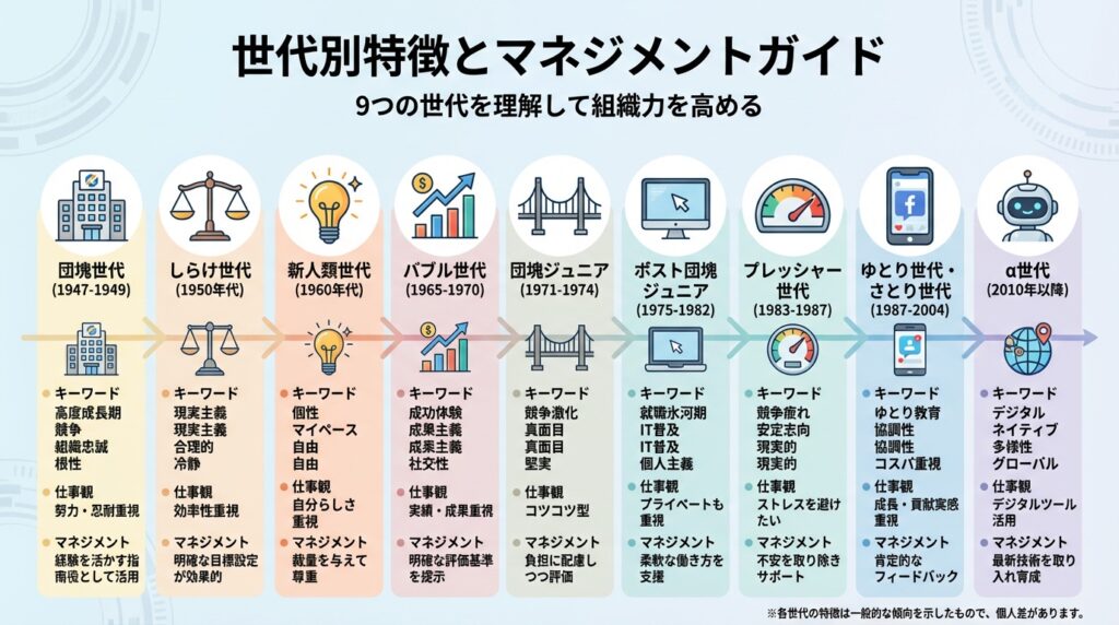世代別特徴とマネジメントガイドのインフォグラフィック