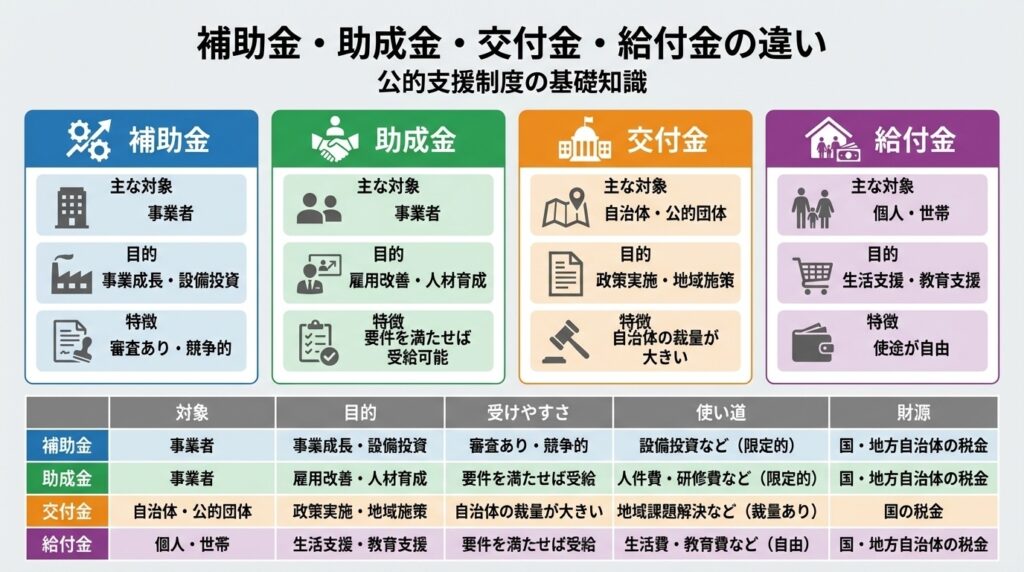 公的支援制度の違い：補助金から給付金まで　インフォグラフィック