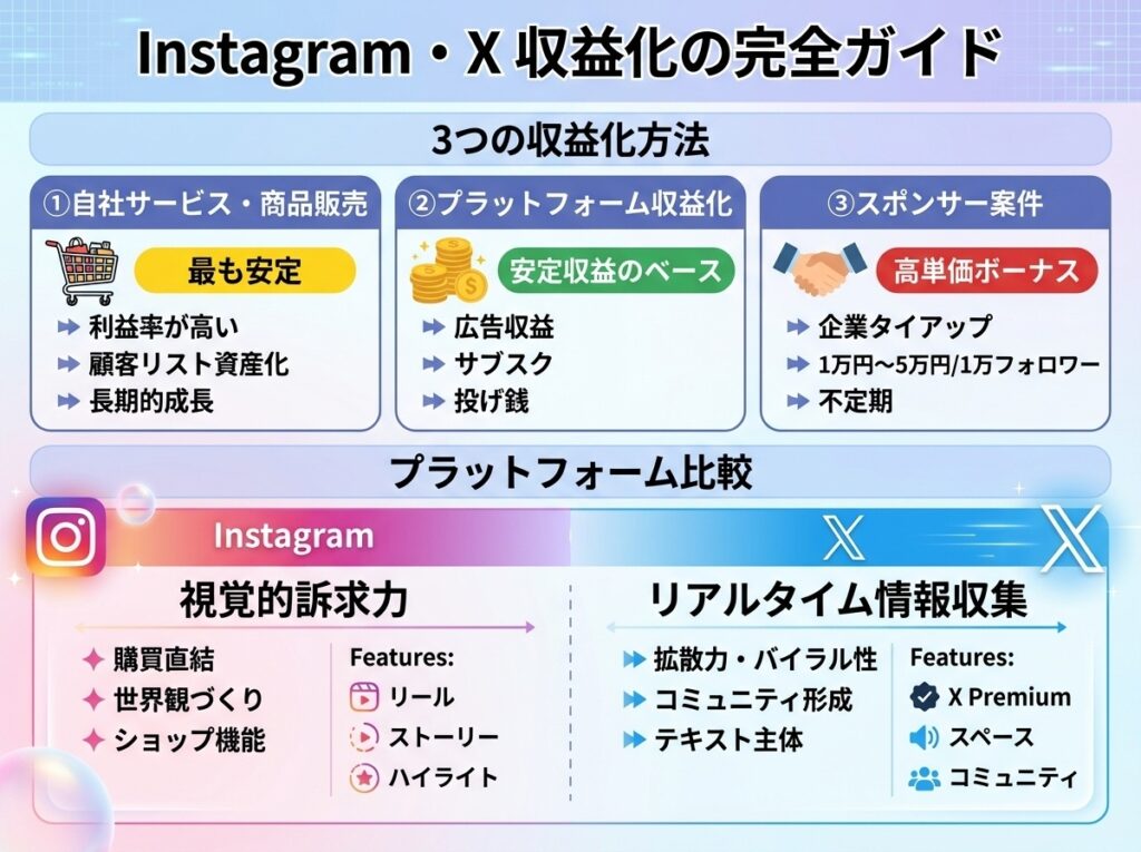 SNS収益化: インスタグラムとXの戦略解説のインフォグラフィック
