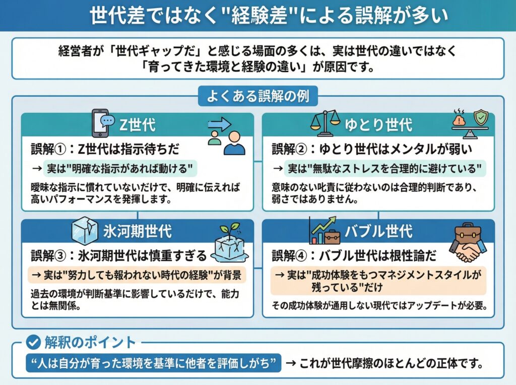経営者が陥りがちな“世代ギャップの誤解”と解決策のインフォグラフィック