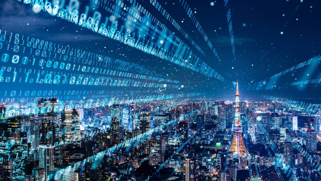 デジタル二進コードの概念。スマートシティ。