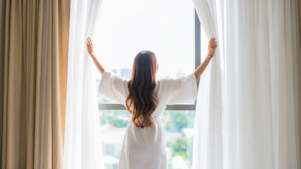 カーテンを開けて朝日を浴びる