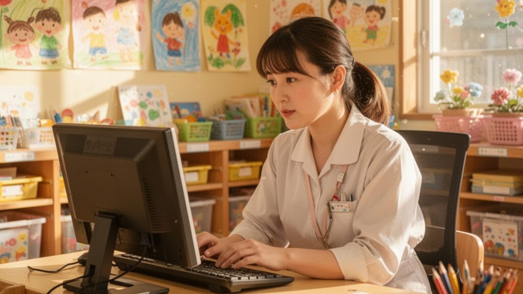 パソコンで作業する保育士