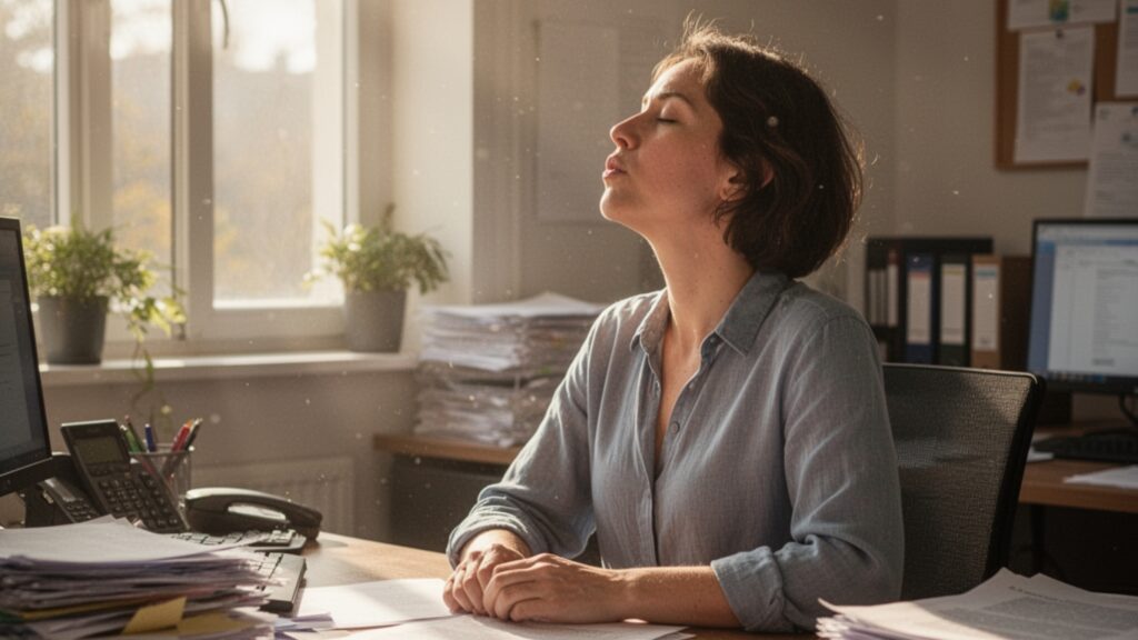 オフィスで深呼吸する女性