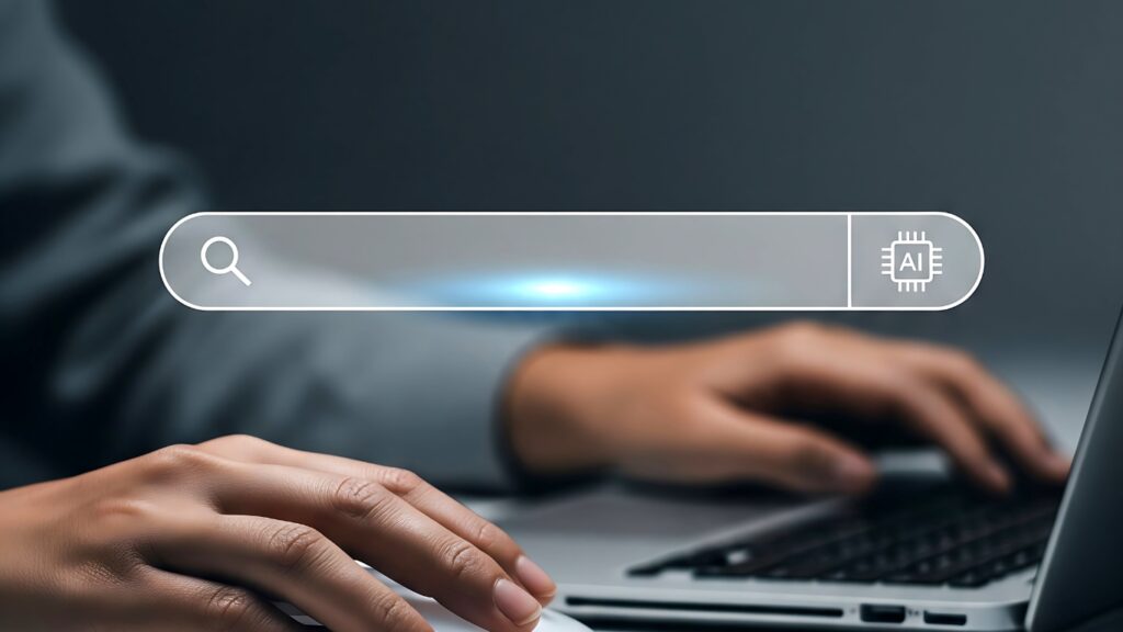 生成AIのイメージ　検索バーとパソコンをする人