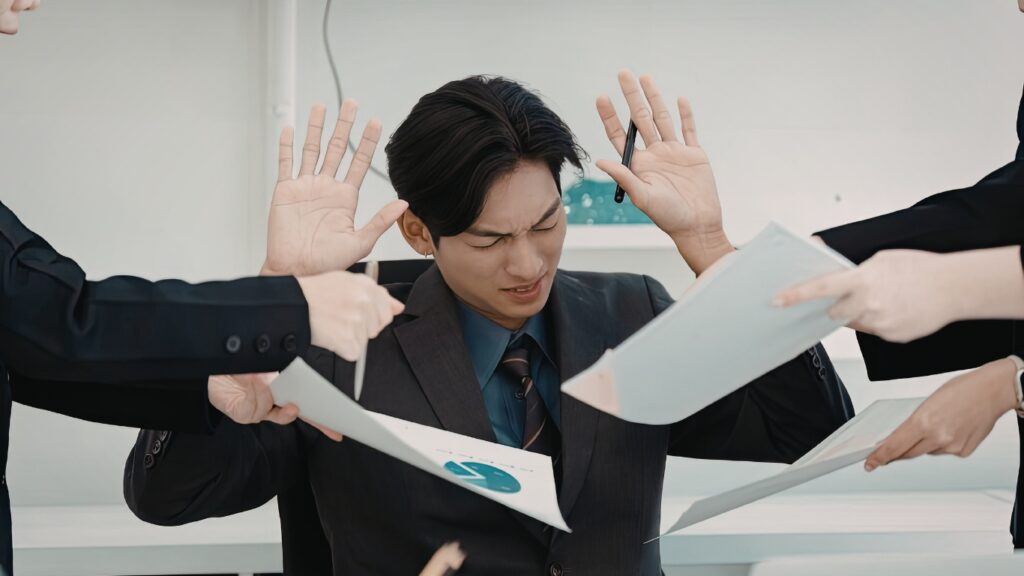 書類仕事に圧倒されるビジネスマン