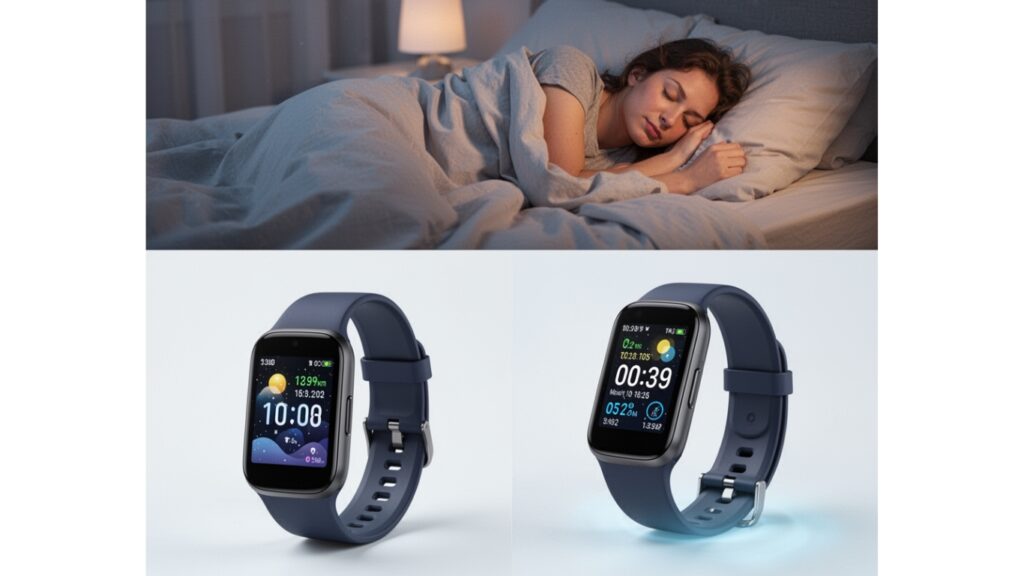 ベッドで睡眠する女性とウェアラブルデバイス