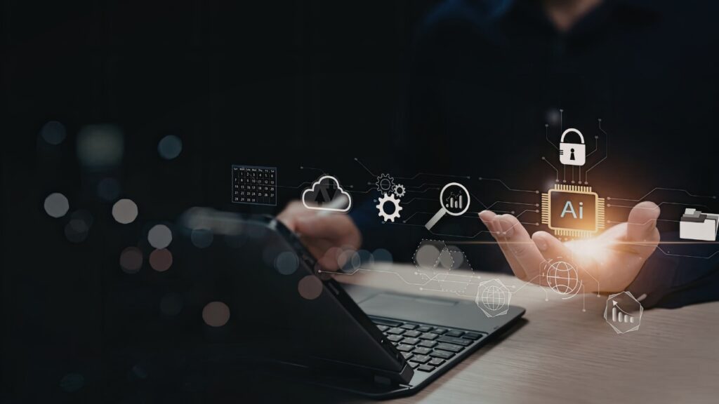 生成AIのイメージ　パソコンを操作する男性の手と生成AIのアイコン