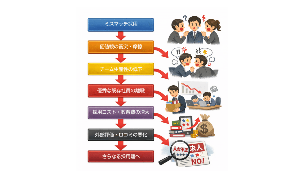 A[ミスマッチ採用] --> B[価値観の衝突・摩擦]     B --> C[チーム生産性の低下]     C --> D[優秀な既存社員の離職]     D --> E[採用コスト・教育費の増大]     E --> F[外部評価・口コミの悪化]     F --> G[さらなる採用難へ]