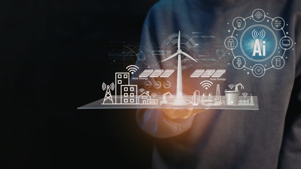 タブレットの上に、スマートシティーをイメージしたイラストがあり、男性が持っている