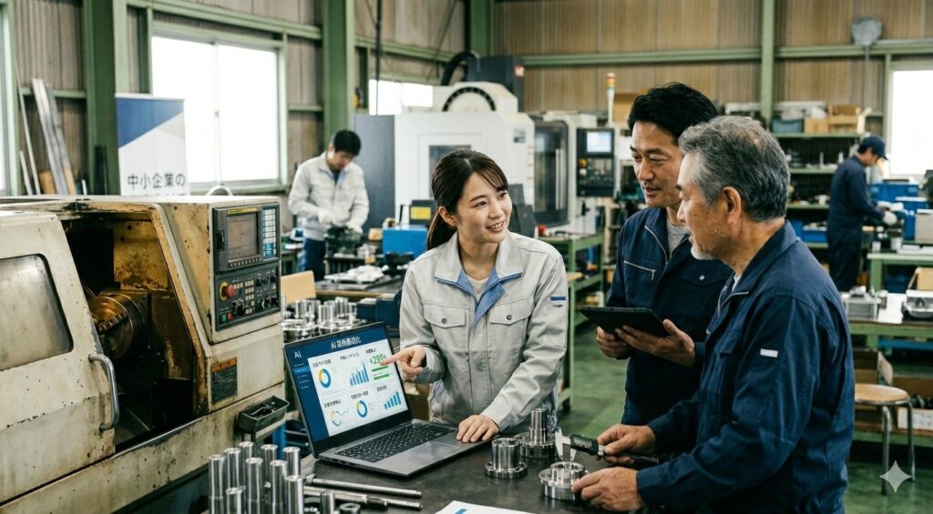 日本の町工場の現場で、ベテラン職人と若手従業員が、AIによるデータ分析のグラフや人手不足解消に関する情報が表示されたノートパソコンを囲んで、真剣に議論している様子。