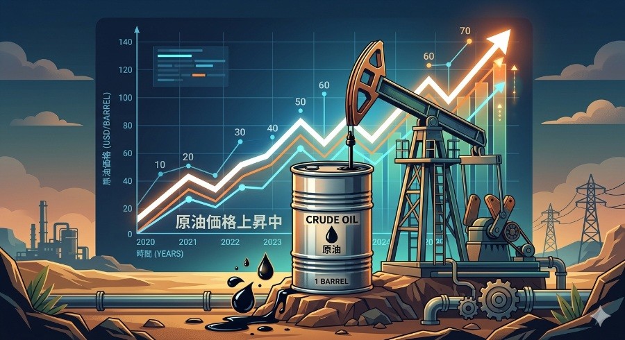 右肩上がりの折れ線グラフを背景に、原油のイラスト