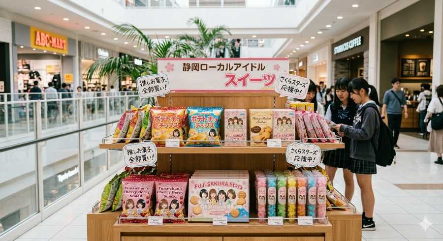 アイドルの推し活のイメージで、ご当地のお菓子にアイドルの絵がついていて、モールに並んでいる様子